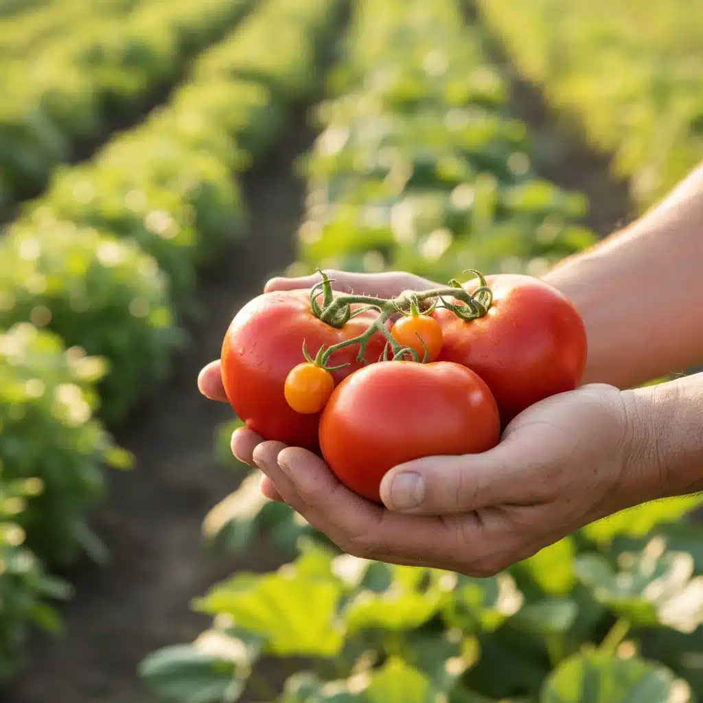 Manos de agricultor recogiendo tomates orgánicos frescos de la tierra