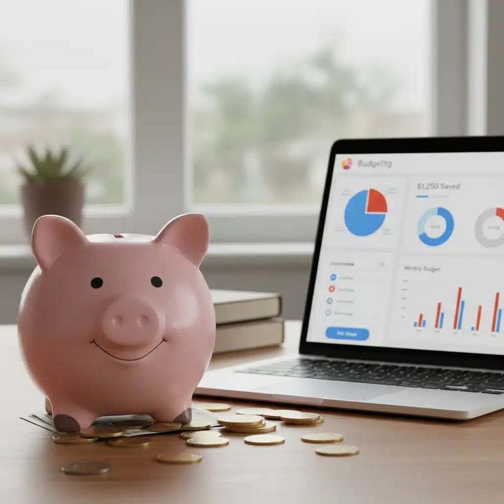 Hucha y ordenador para el ahorro y gestión financiera digital