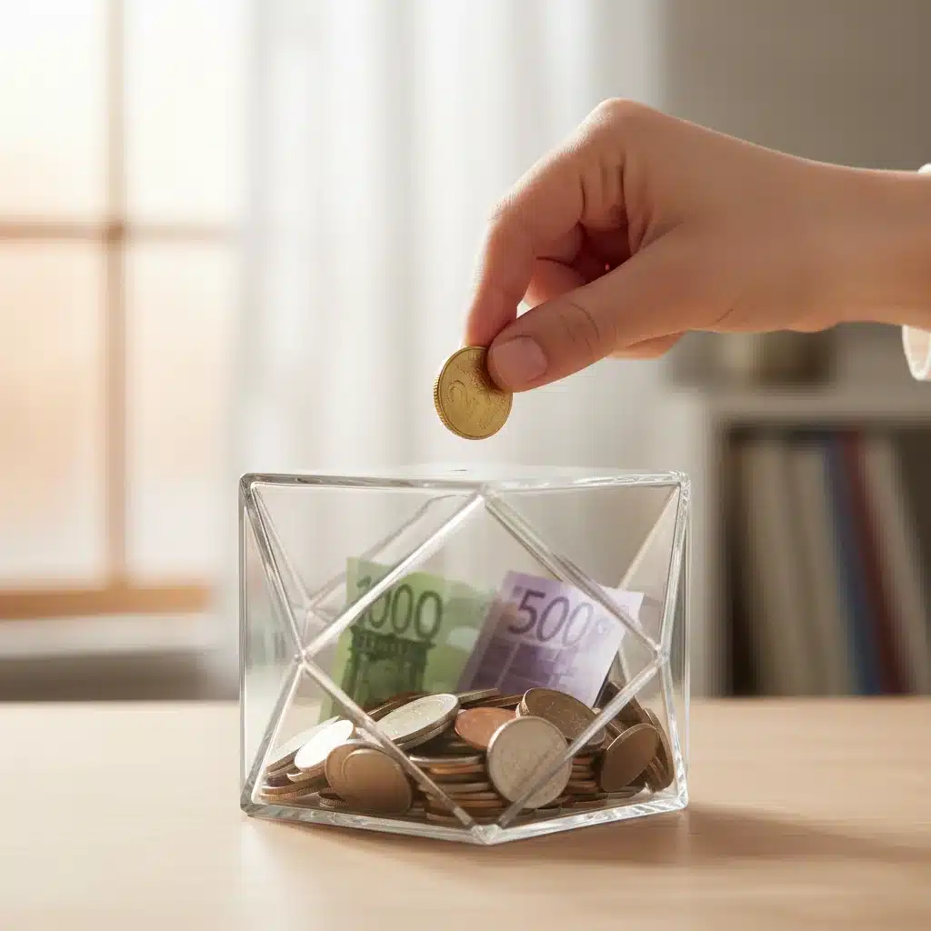 Mano depositando una moneda en una hucha, simbolizando el hábito del ahorro.