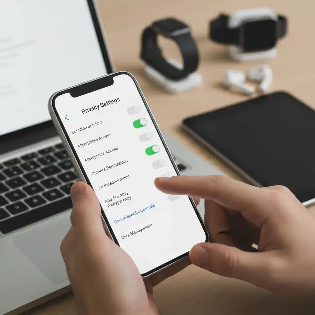 Manos interactuando con la pantalla de un smartphone mostrando ajustes de privacidad, con dispositivos digitales de fondo.