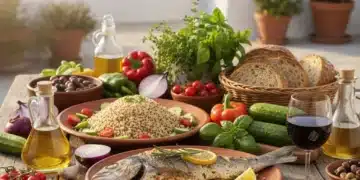 Mesa de cocina rústica con alimentos frescos de la dieta mediterránea: verduras, pescado, aceite de oliva, pan integral y hierbas aromáticas.