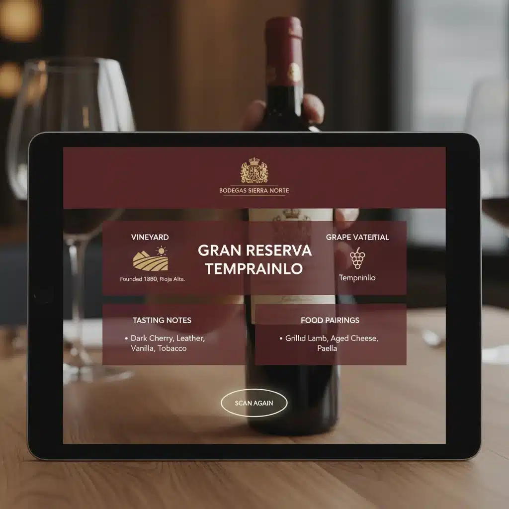 Aplicación de realidad aumentada para vino mostrando información detallada de una botella española.