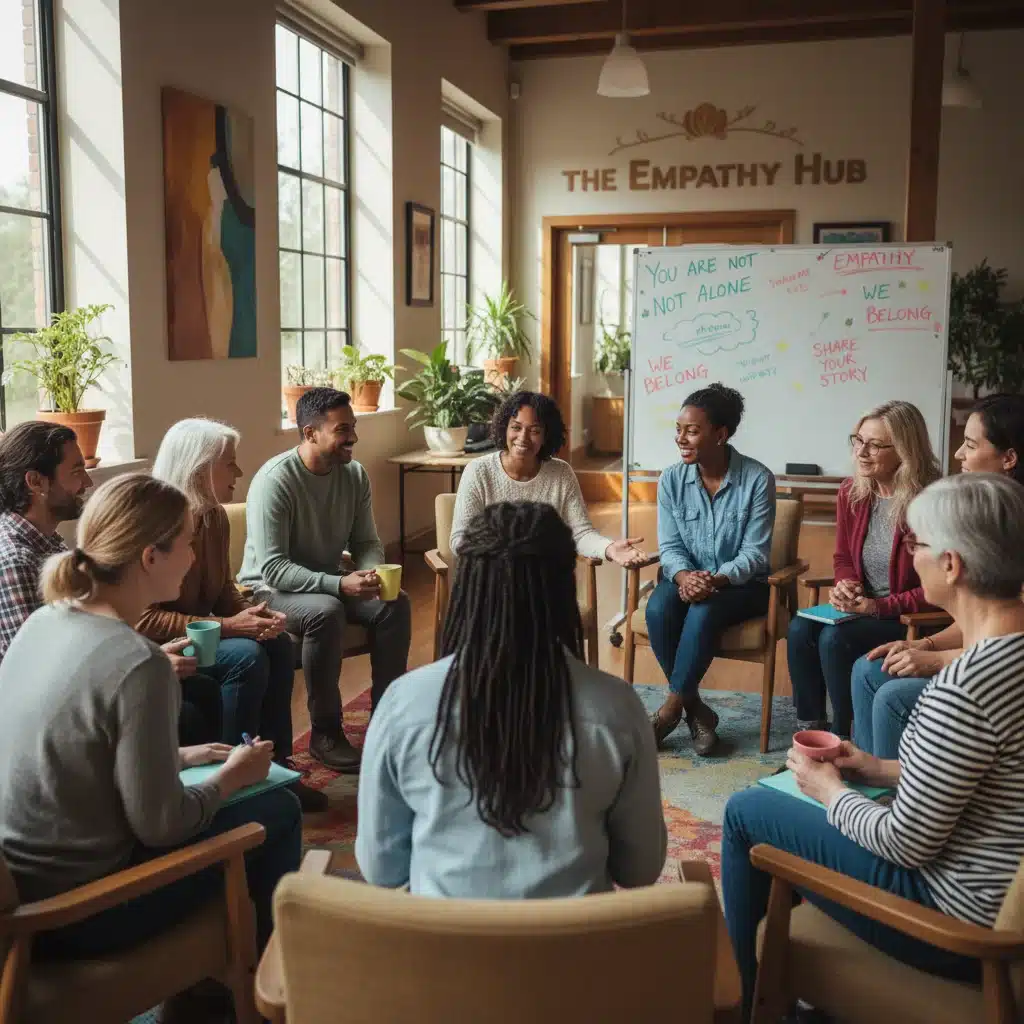 Grupo de personas diversas interactuando en un ambiente de apoyo comunitario.