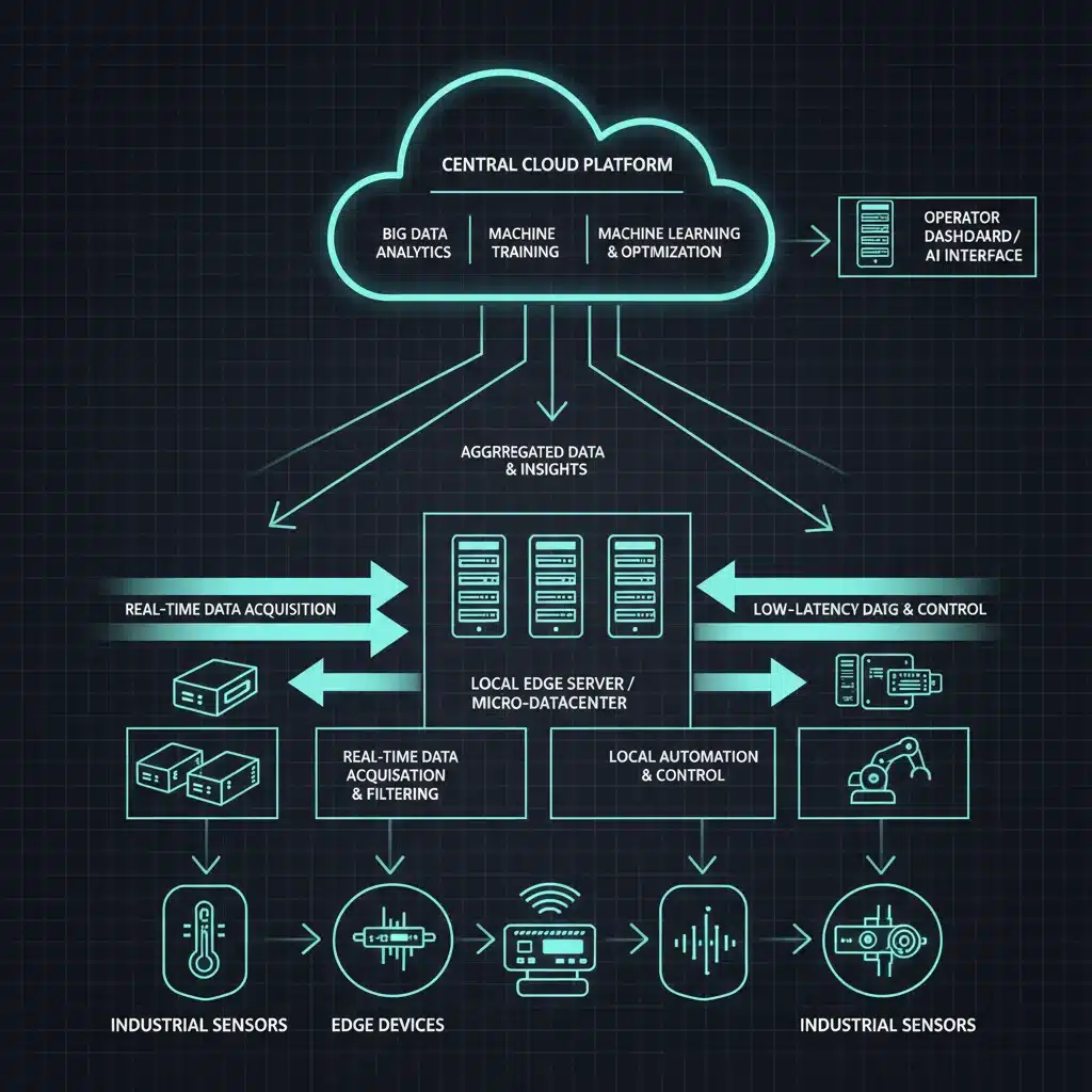 Diagrama de arquitectura de Edge Computing en entorno industrial, mostrando flujo de datos y procesamiento.