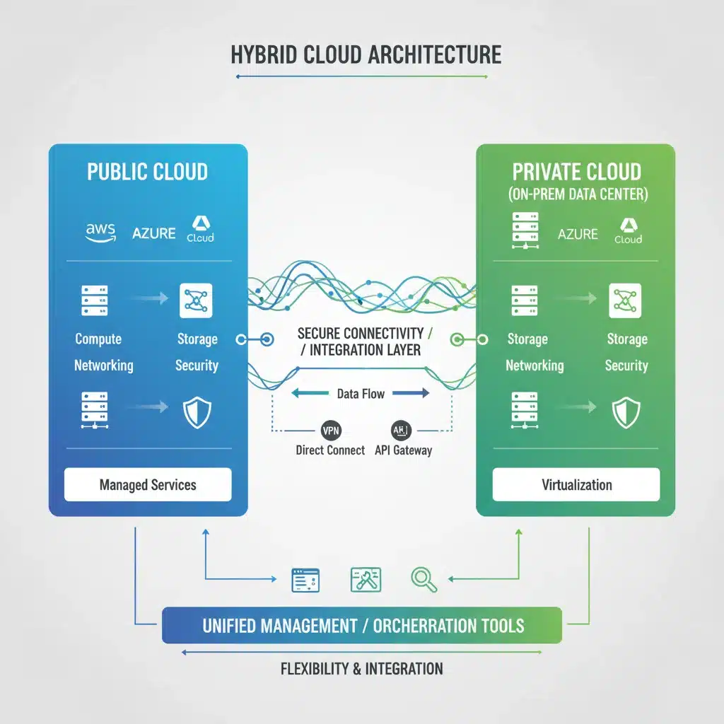 Diagrama detallado de la arquitectura de una nube híbrida, mostrando la interconexión entre la nube pública, la nube privada y los servicios de gestión.