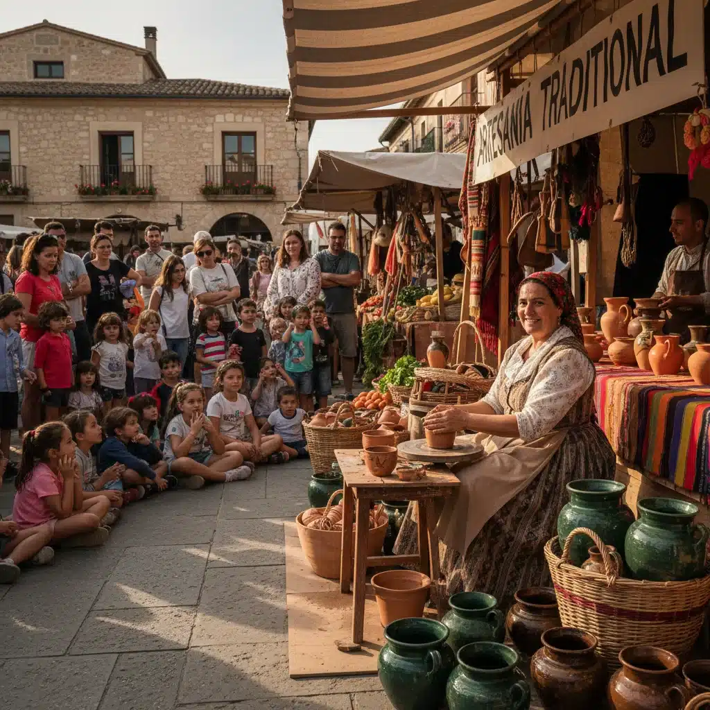 Artesano español mostrando su oficio tradicional en un mercado de fiesta popular a una audiencia interesada.