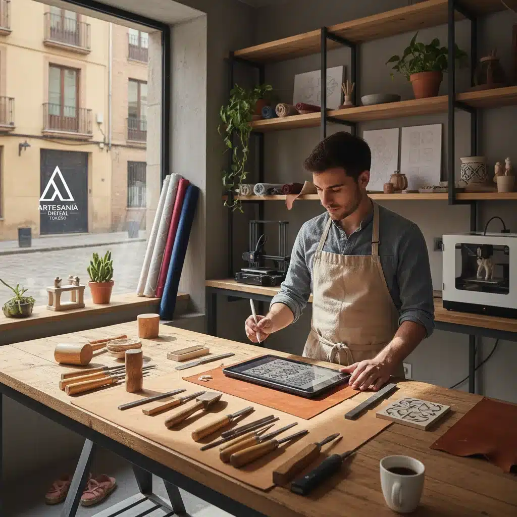 Joven artesano combinando herramientas digitales y tradicionales en un taller moderno