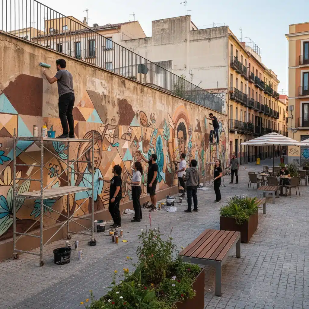 Jóvenes artistas colaborando en un mural comunitario revitalizando un espacio urbano en España.