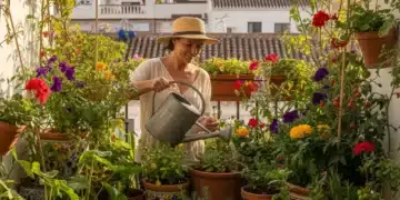 Balcón urbano vibrante con plantas resistentes en España 2026