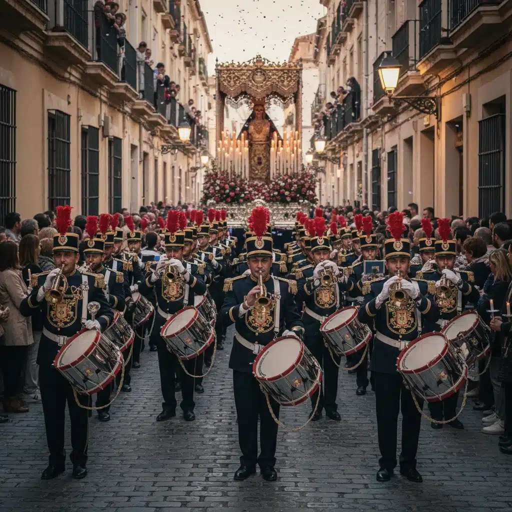 Banda de cornetas y tambores interpretando música sacra en una procesión.