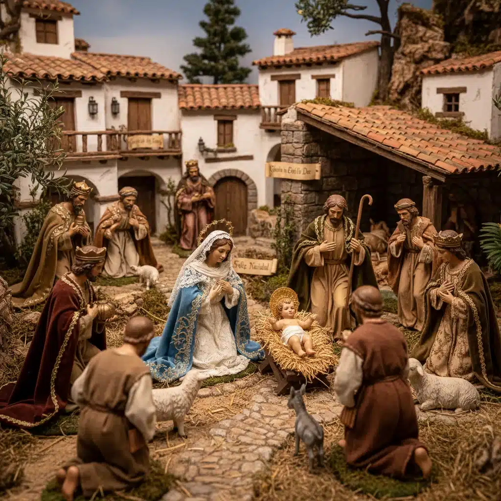 Detalle de un Belén tradicional español, con figuras de barro y musgo, representando el nacimiento de Jesús.