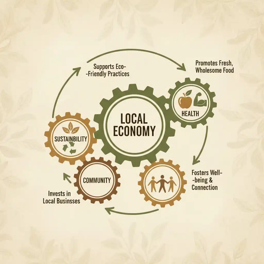 Ilustración de engranajes interconectados que representan los beneficios de la economía local