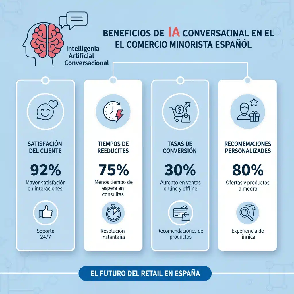 Gráfico mostrando los beneficios de la IA conversacional en el comercio y la satisfacción del cliente.