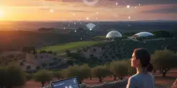 Bienestar Digital España 2026: Conexión Consciente y Estrategias Futuras Paisaje español sereno con elementos digitales sutiles, simbolizando el equilibrio digital y el bienestar en 2026.
