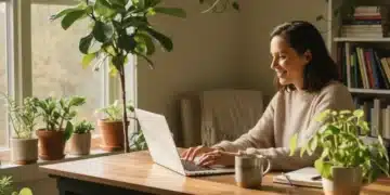 Persona feliz trabajando remotamente en casa con ordenador portátil, rodeada de plantas, simbolizando bienestar y equilibrio.