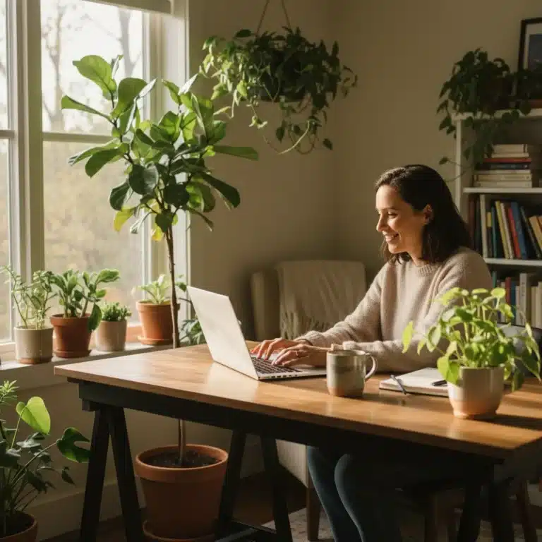 Persona feliz trabajando remotamente en casa con ordenador portátil, rodeada de plantas, simbolizando bienestar y equilibrio.