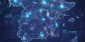 Mapa digital de España con flujos de Big Data y gráficos de crecimiento empresarial en 2026.