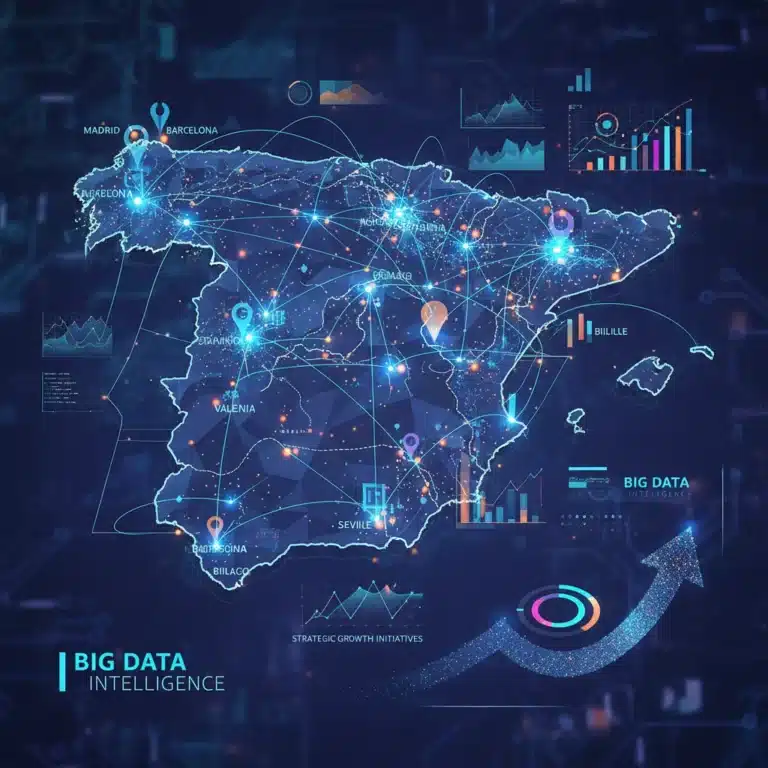 Mapa digital de España con flujos de Big Data y gráficos de crecimiento empresarial en 2026.
