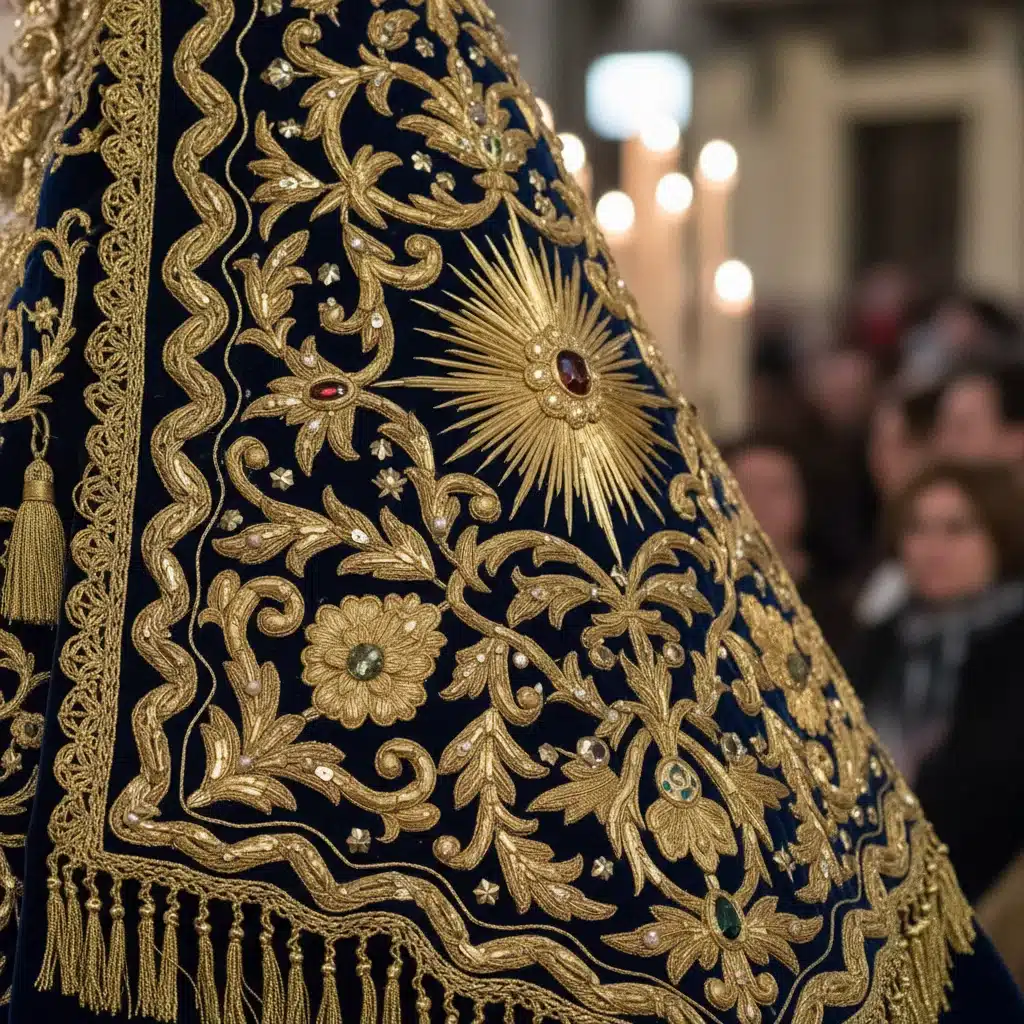 Detalle de un manto bordado de la Virgen en una procesión de Semana Santa.