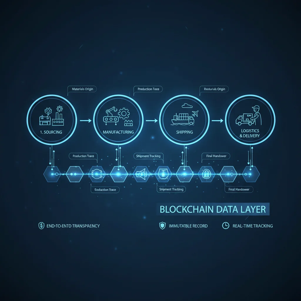 Infografía de cadena de suministro con nodos blockchain y flujo de datos