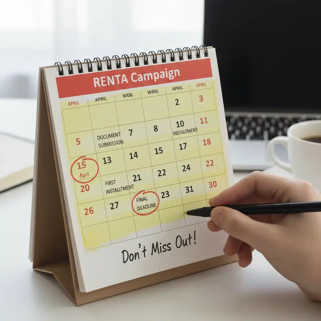 Calendario fiscal con fechas importantes de la campaña de la RENTA 2026 destacadas.