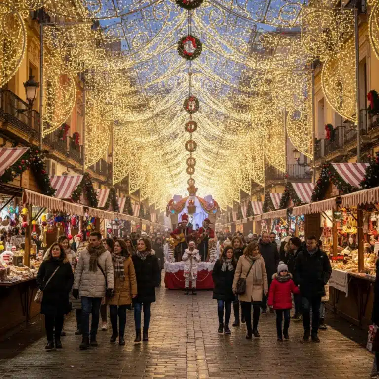 Calles adornadas con luces de Navidad y gente celebrando durante las festividades de invierno en España.
