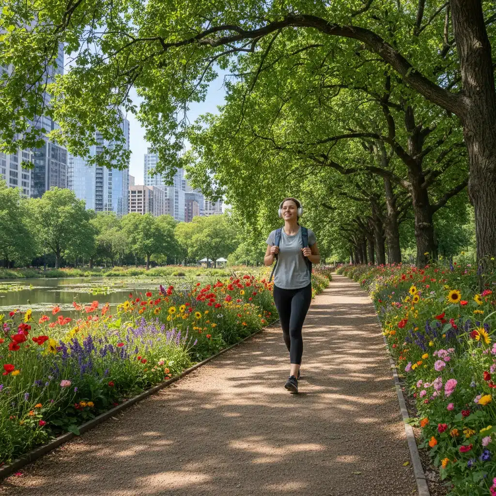 Persona caminando enérgicamente por un parque urbano, disfrutando del ejercicio y el aire libre.
