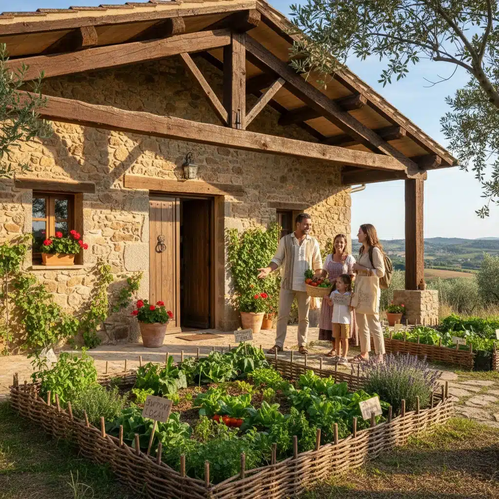 Casa rural acogedora con jardín orgánico, destacando el alojamiento sostenible y local.