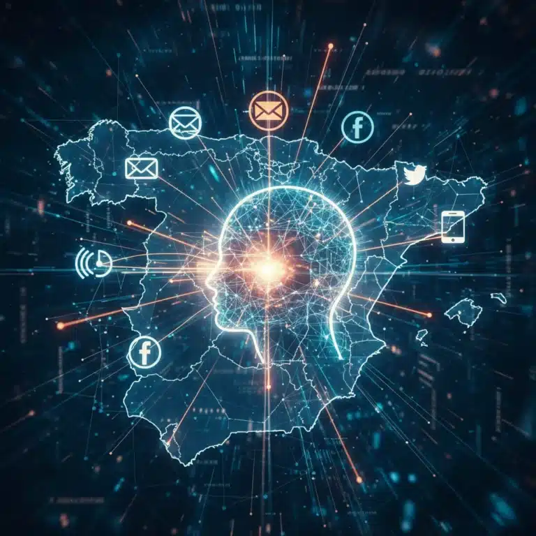 Representación visual de una Plataforma de Datos del Cliente (CDP) unificando información para marketing personalizado en España.