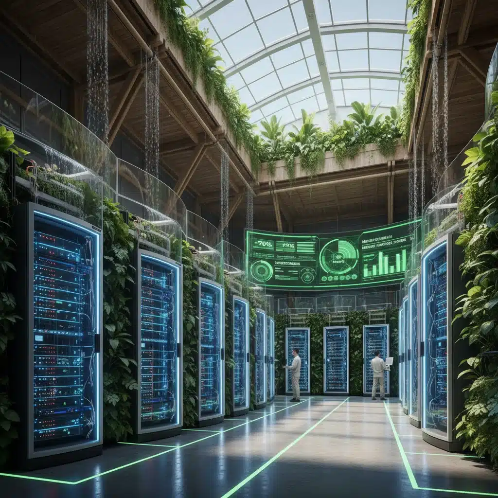Centro de datos eficiente energéticamente con infraestructura verde y pantallas de monitorización