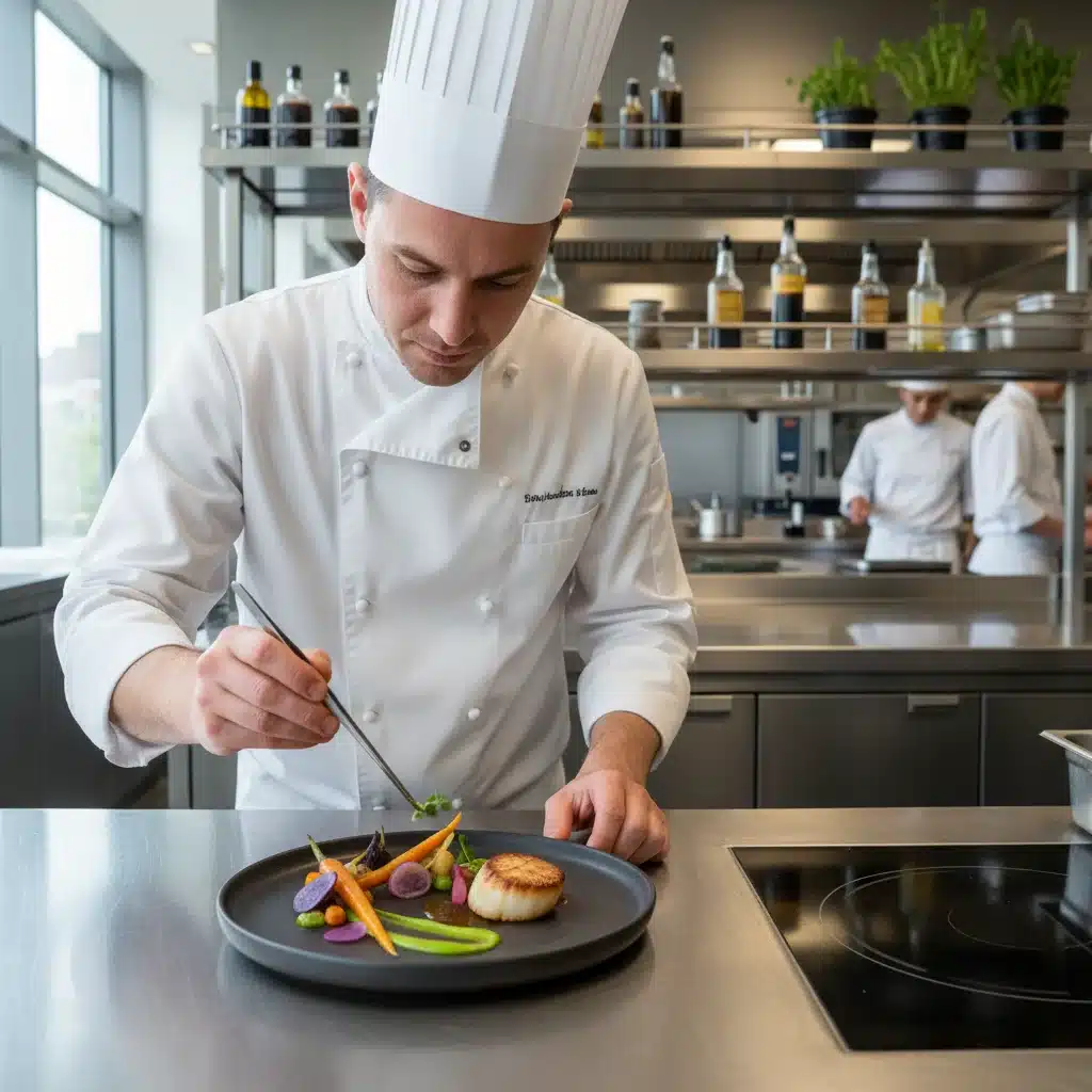 Chef preparando un plato gourmet con ingredientes frescos y locales en una cocina moderna, destacando la innovación culinaria.