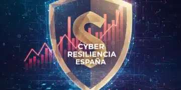 Paisaje digital seguro con escudo protector, representando la ciberresiliencia empresarial española en 2026.