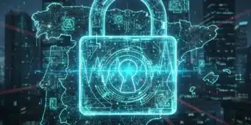 Cerradura digital futurista con símbolos cuánticos sobre el mapa de España, representando la ciberseguridad cuántica para empresas españolas.