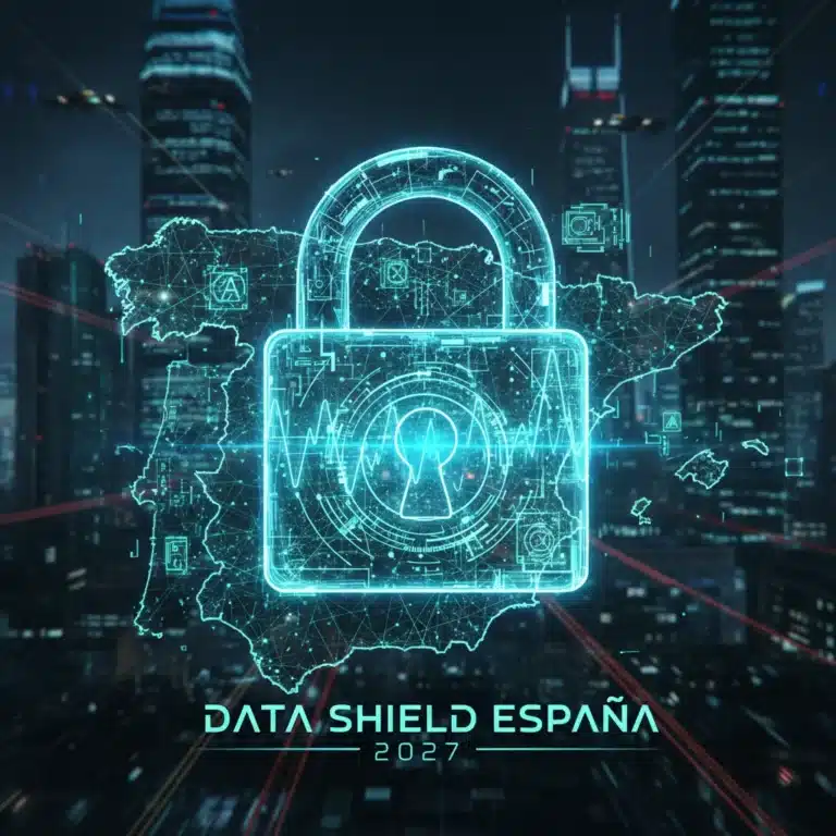 Cerradura digital futurista con símbolos cuánticos sobre el mapa de España, representando la ciberseguridad cuántica para empresas españolas.