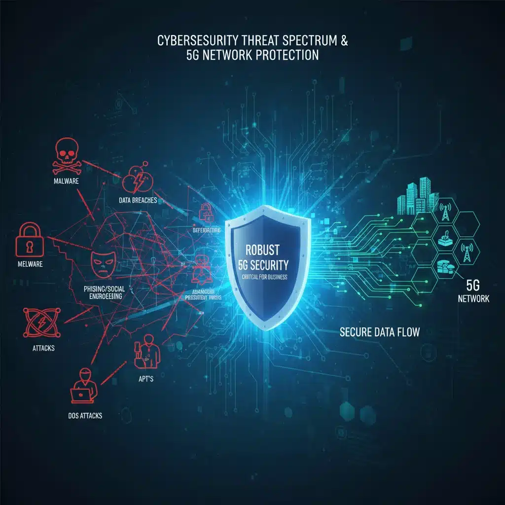 Infografía de ciberseguridad protegiendo una red de datos 5G empresarial de diversas amenazas digitales.