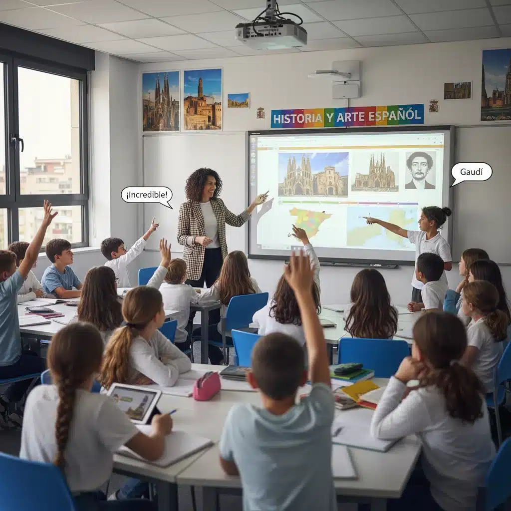 Estudiantes en un aula aprendiendo sobre la historia y el arte español con tecnología interactiva.