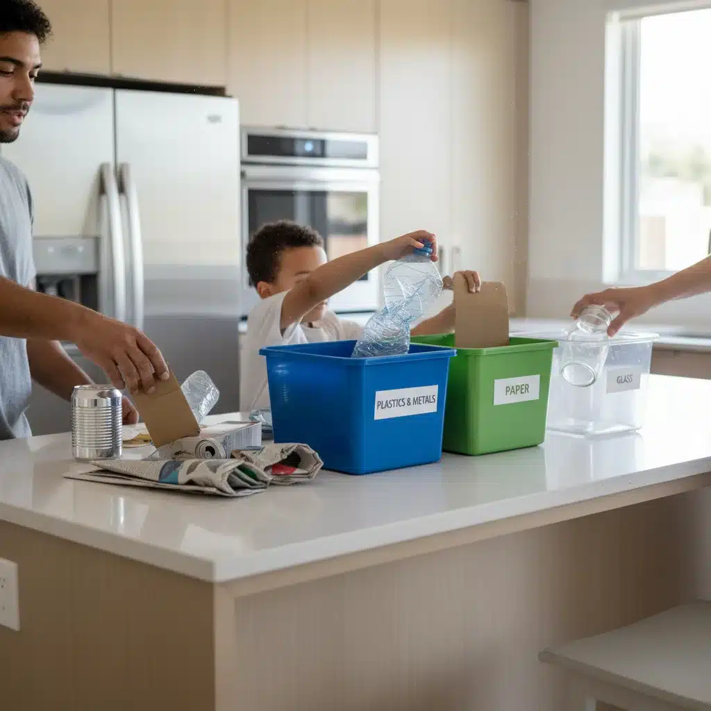 Manos clasificando residuos en diferentes contenedores de reciclaje en un hogar moderno