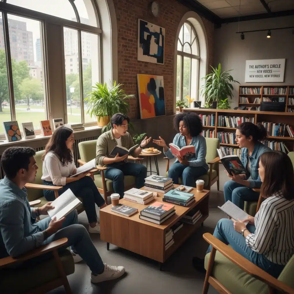 Grupo de jóvenes debatiendo apasionadamente sobre libros en un club de lectura, reflejando el impacto cultural de los nuevos autores.