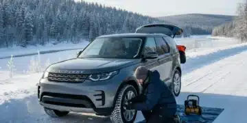 Hombre revisando neumáticos de coche en un paisaje nevado, preparando el vehículo para el invierno.
