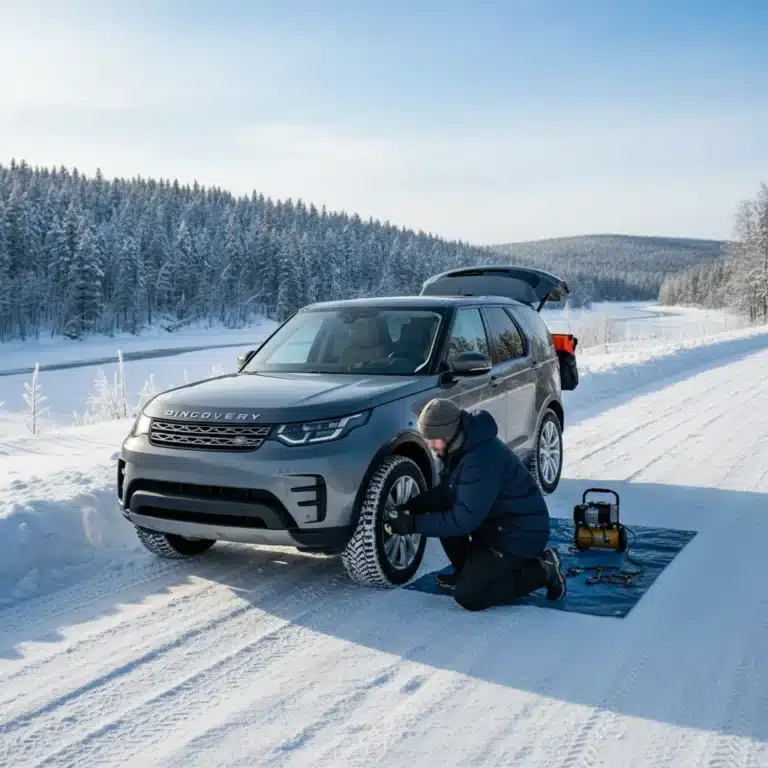 Hombre revisando neumáticos de coche en un paisaje nevado, preparando el vehículo para el invierno.
