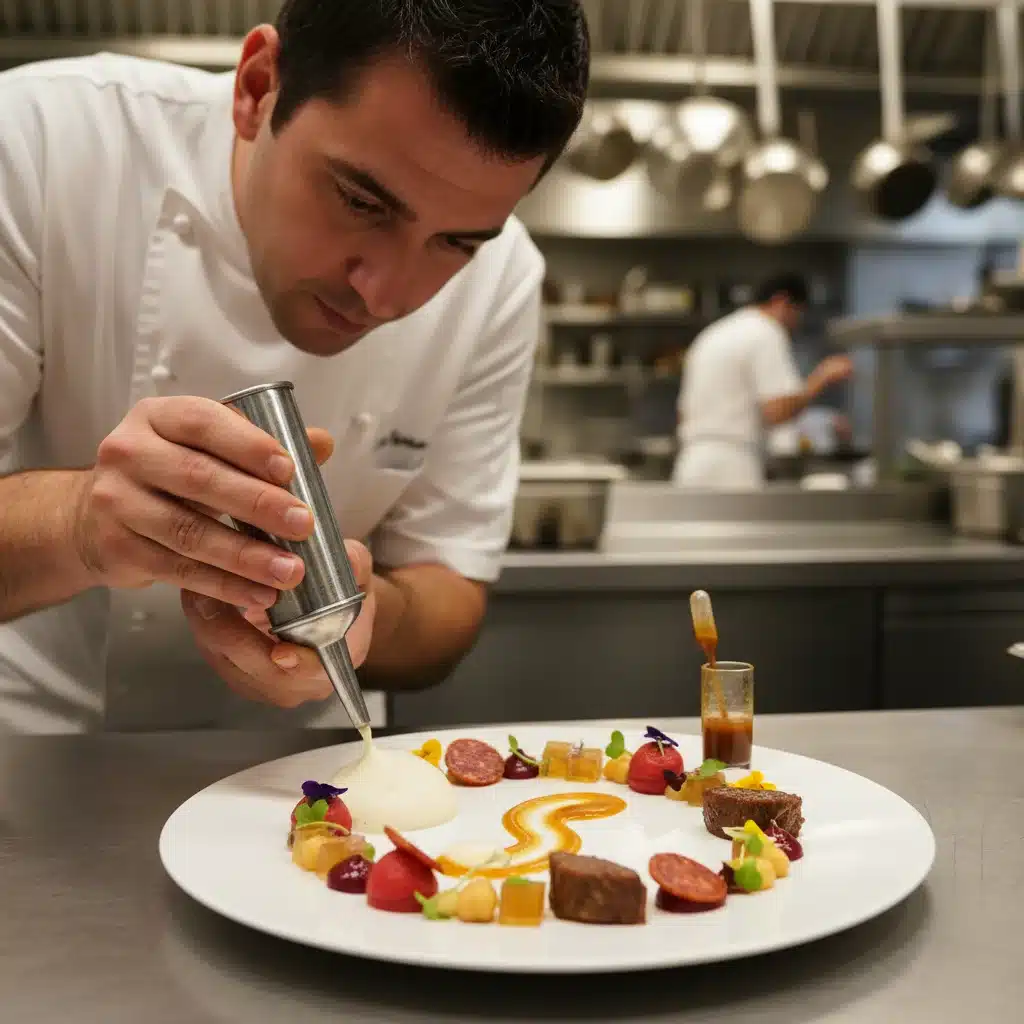 Chef aplicando espuma en un plato de cocido madrileño deconstruido, alta cocina.
