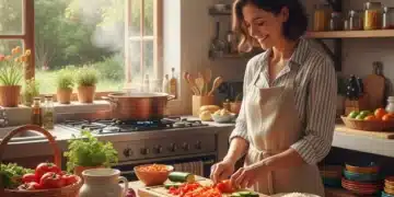 Persona cocinando con ingredientes frescos y restos, simbolizando la cocina de aprovechamiento y la reducción del desperdicio de alimentos.