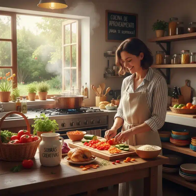 Persona cocinando con ingredientes frescos y restos, simbolizando la cocina de aprovechamiento y la reducción del desperdicio de alimentos.