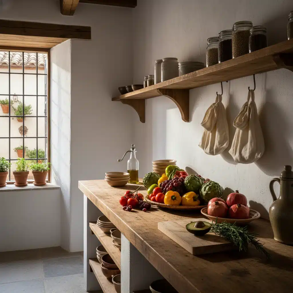 Cocina ordenada y sin desorden con productos locales, reflejando el slow living.