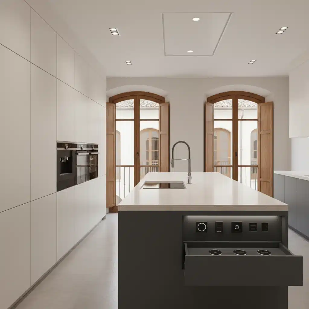 Cocina moderna y minimalista con electrodomésticos inteligentes integrados y luces regulables, reflejando la tecnología para el bienestar.