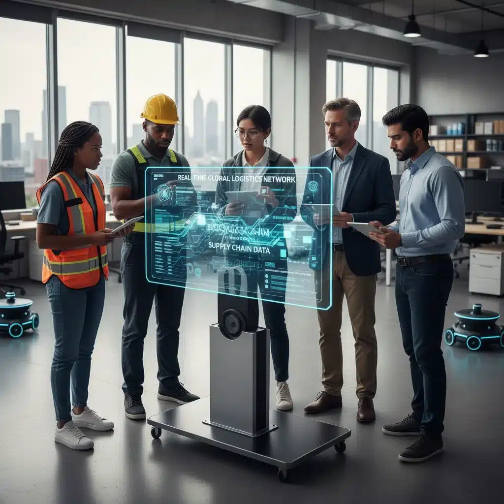 Profesionales de logística colaborando con datos blockchain en tiempo real