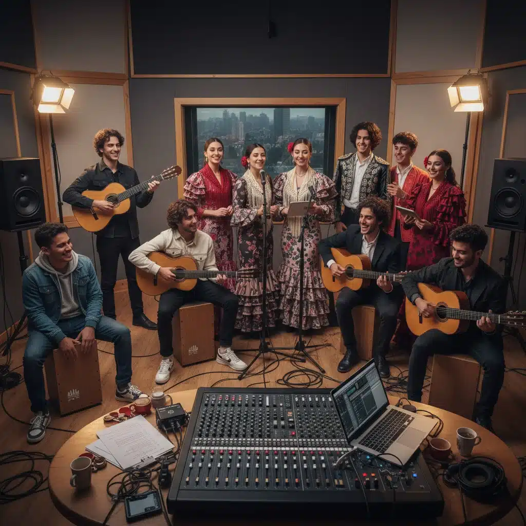 Jóvenes artistas de diversas generaciones colaborando en un estudio de grabación, mezclando instrumentos folclóricos y tecnología moderna.