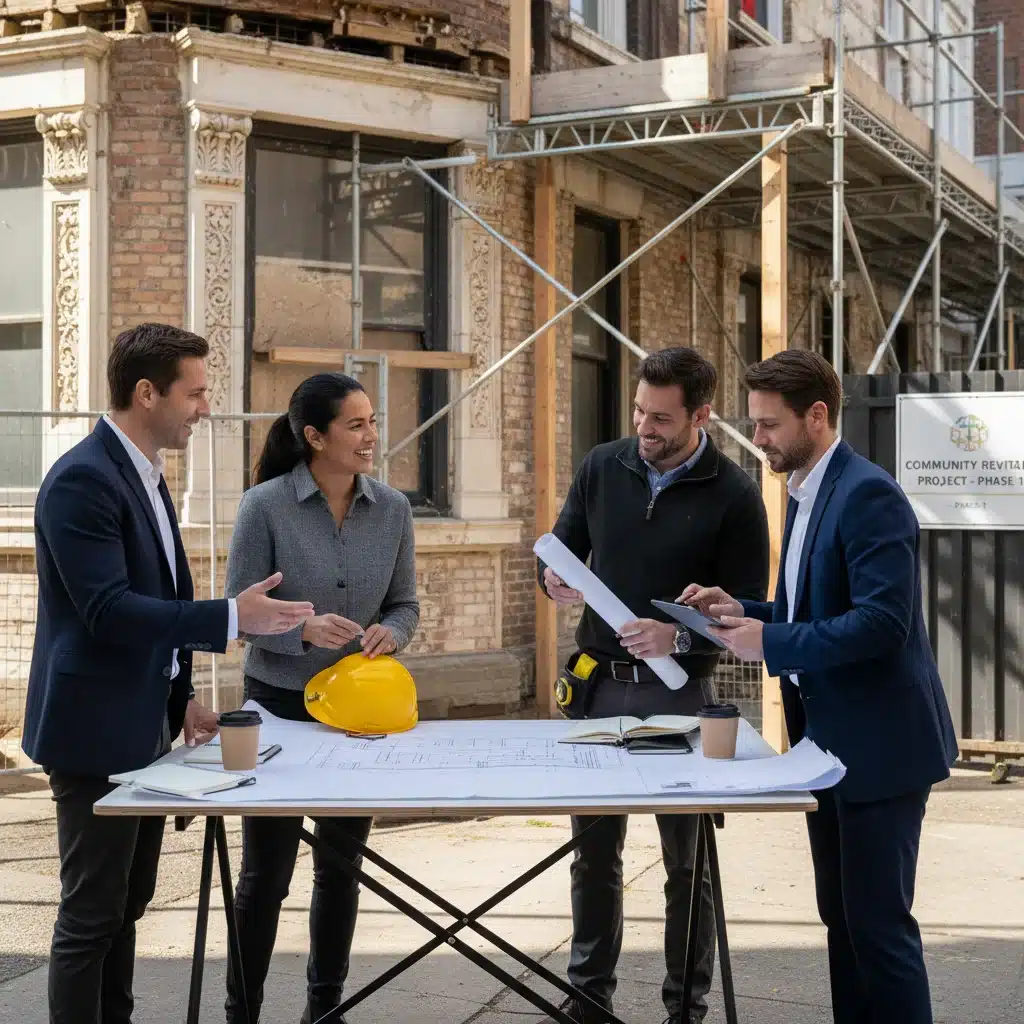 Propietarios y contratista discutiendo planes de rehabilitación energética de un edificio