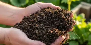 Compost casero listo para usar en un jardín, mostrando su textura rica y oscura.