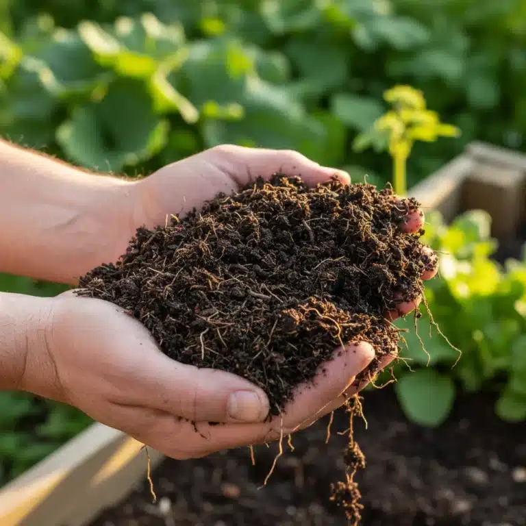 Compost casero listo para usar en un jardín, mostrando su textura rica y oscura.